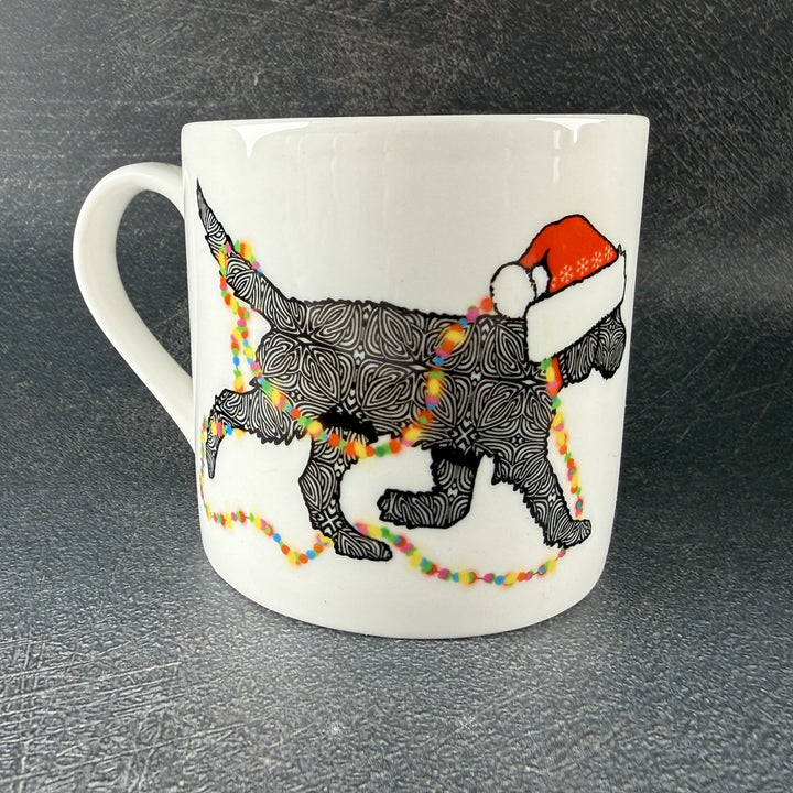 SALE - Christmas Labradoodle bone china mug - black dog with hat &amp; fairy lights