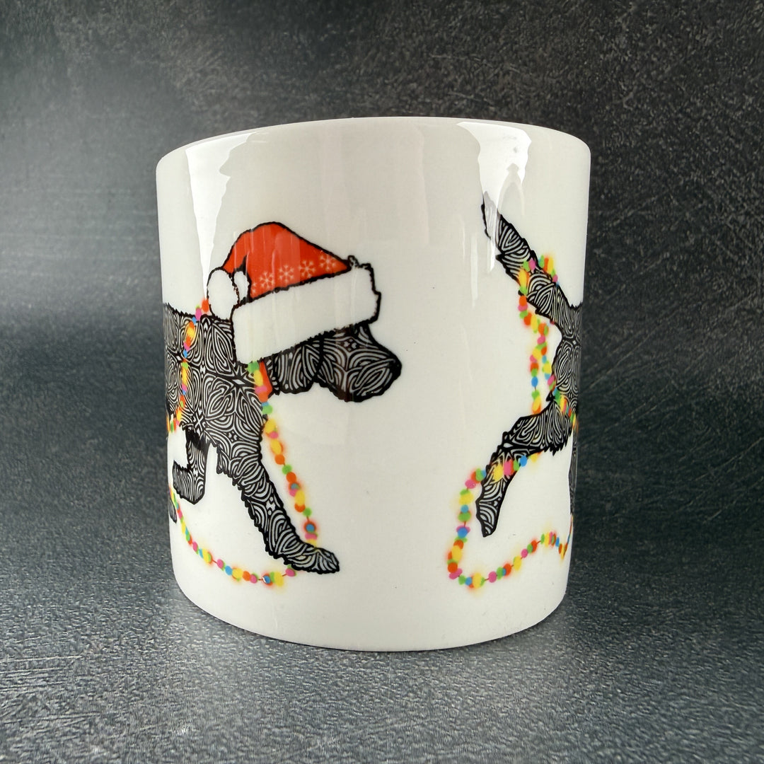 SALE - Christmas Labradoodle bone china mug - black dog with hat &amp; fairy lights