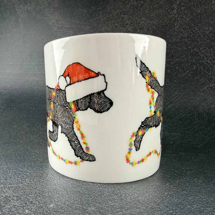 SALE - Christmas Labradoodle bone china mug - black dog with hat &amp; fairy lights