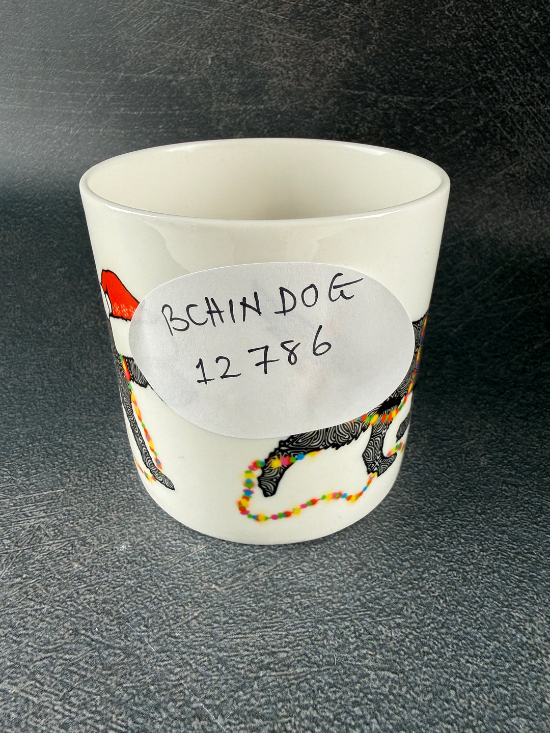 SALE - Christmas Labradoodle bone china mug - black dog with hat &amp; fairy lights