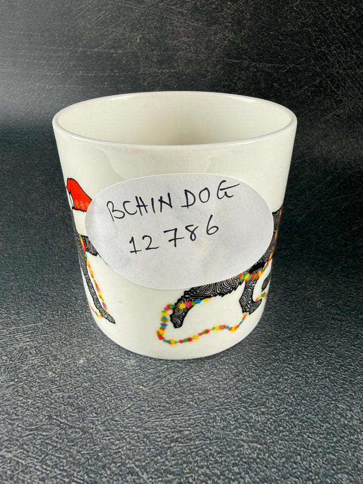 SALE - Christmas Labradoodle bone china mug - black dog with hat &amp; fairy lights