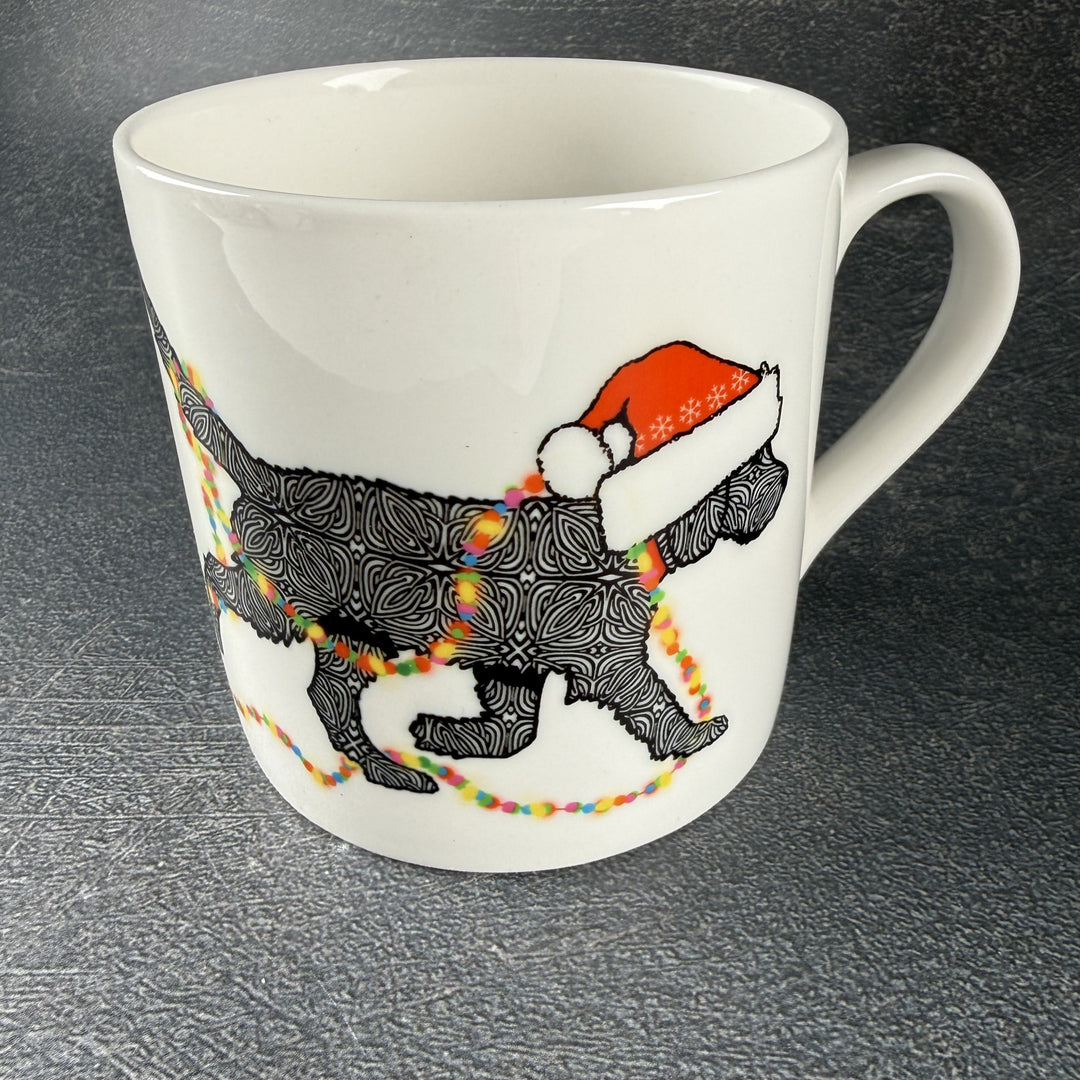 SALE - Christmas Labradoodle bone china mug - black dog with hat &amp; fairy lights