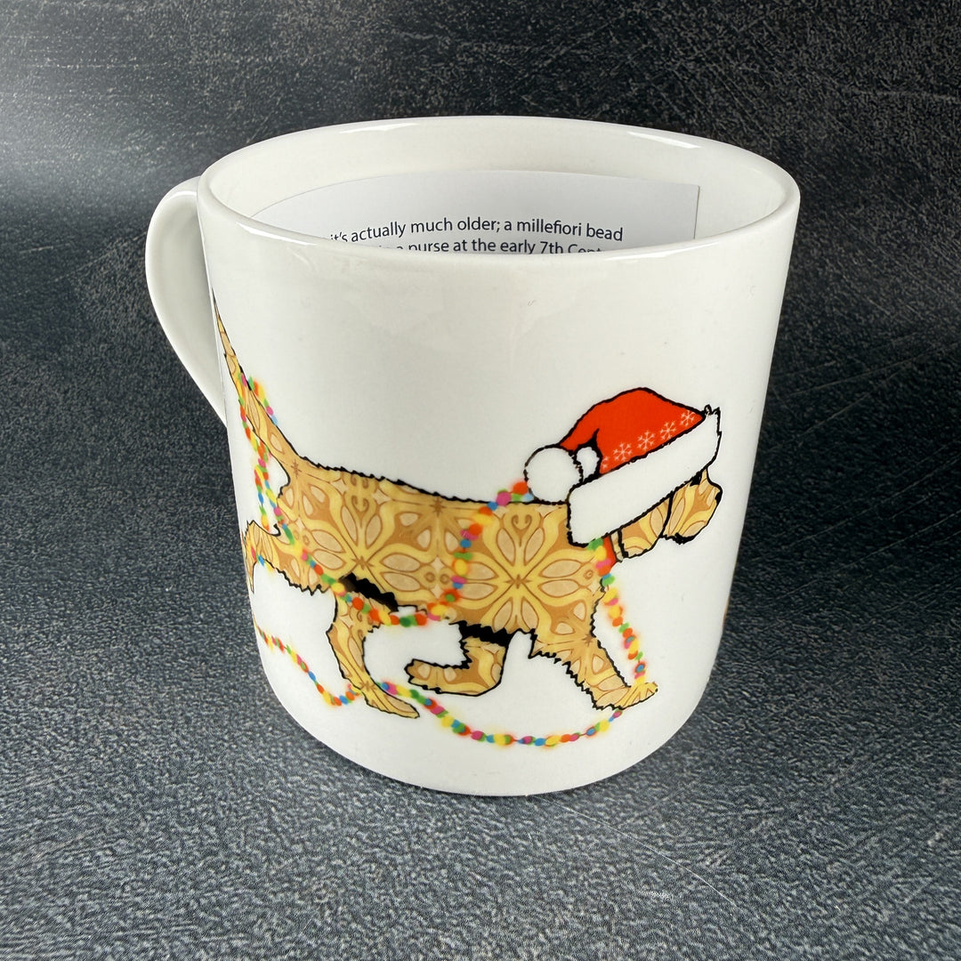 SALE - Christmas Labradoodle Bone china mug - golden/cream dog with hat &amp; fairy lights