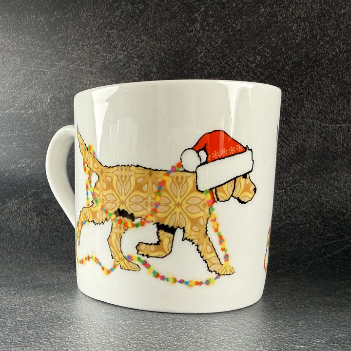 SALE - Christmas Labradoodle Bone china mug - golden/cream dog with hat &amp; fairy lights