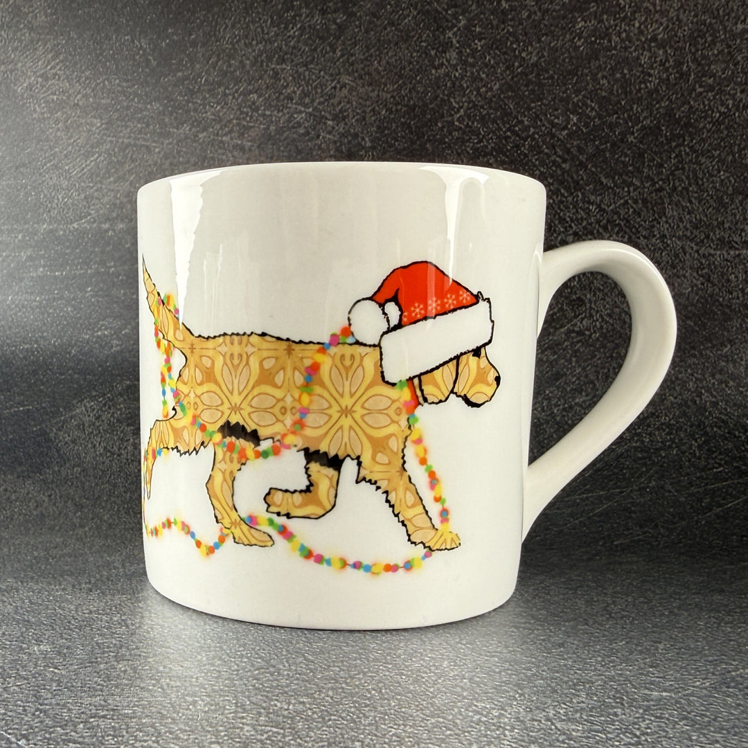 Christmas Labradoodle mug - golden/cream dog with hat &amp; fairy lights