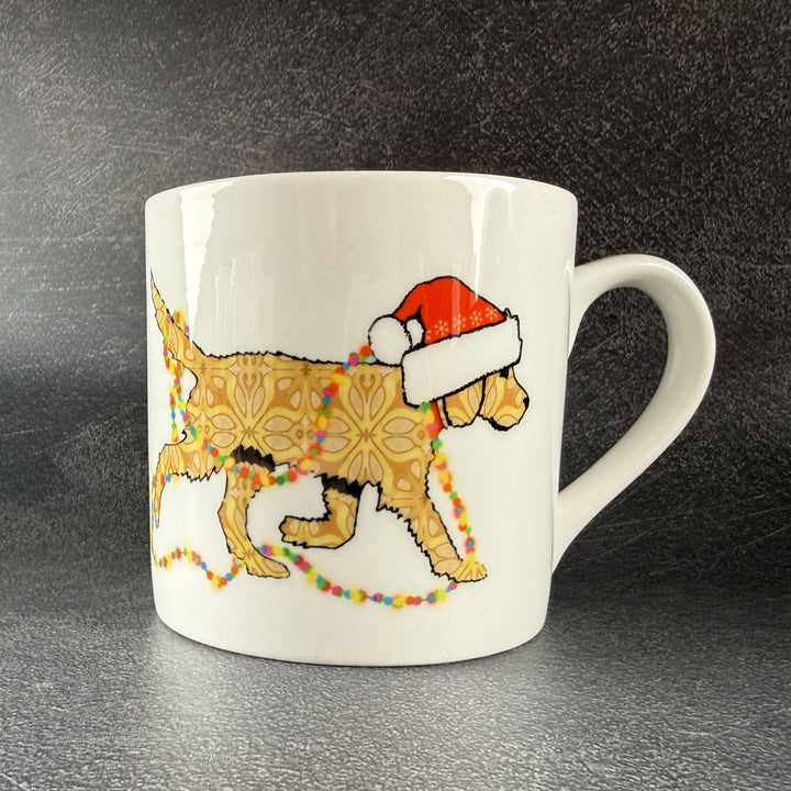 Christmas Labradoodle mug - golden/cream dog with hat &amp; fairy lights