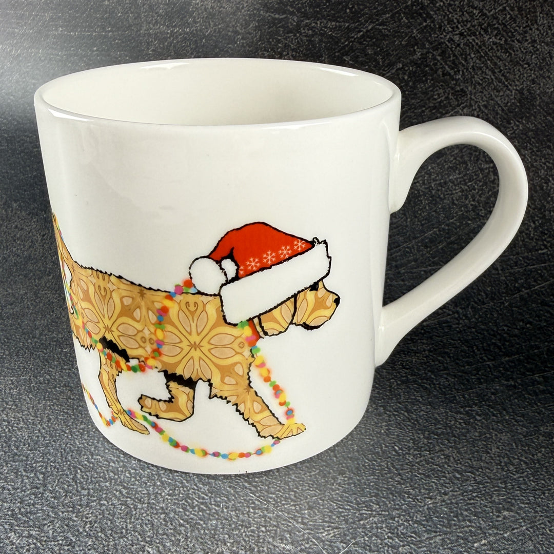 SALE - Christmas Labradoodle Bone china mug - golden/cream dog with hat &amp; fairy lights