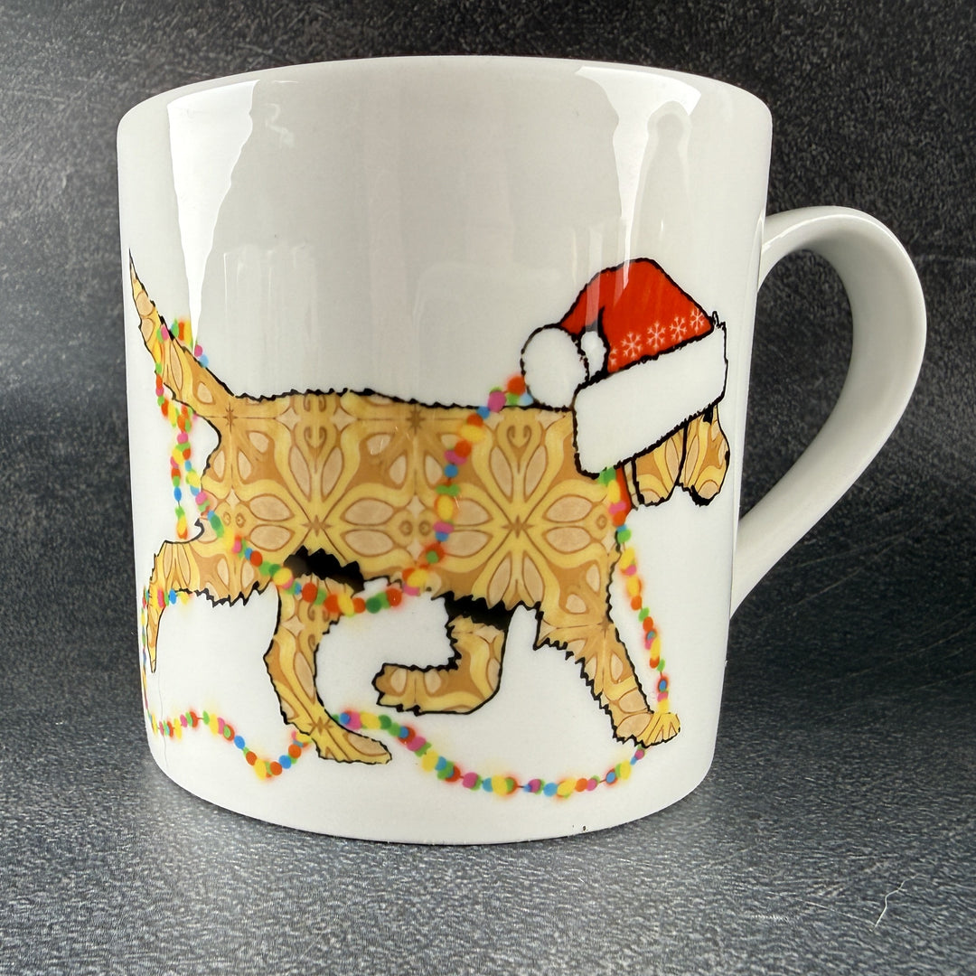 SALE - Christmas Labradoodle Bone china mug - golden/cream dog with hat &amp; fairy lights