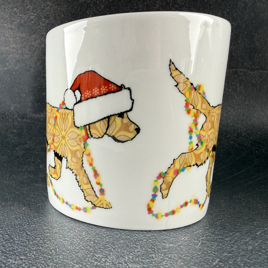 SALE - Christmas Labradoodle Bone china mug - golden/cream dog with hat &amp; fairy lights