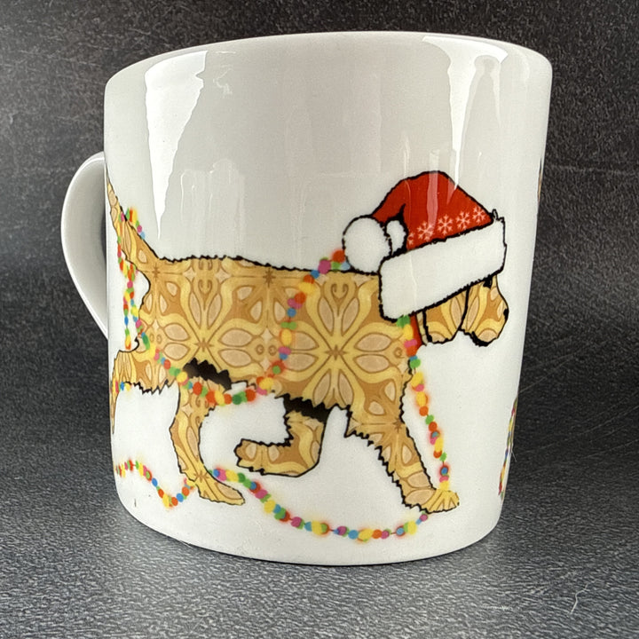 SALE - Christmas Labradoodle Bone china mug - golden/cream dog with hat &amp; fairy lights