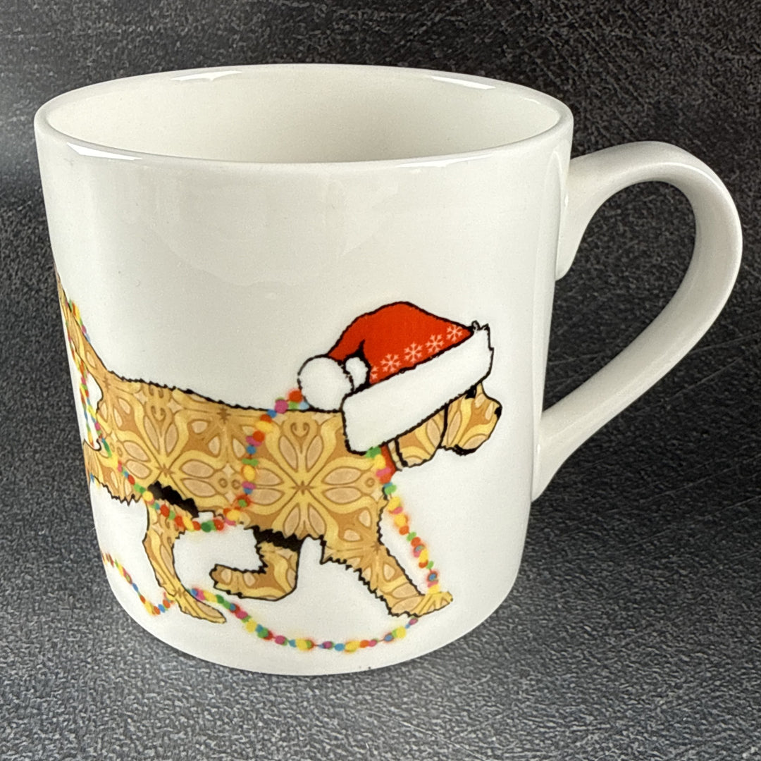 SALE - Christmas Labradoodle Bone china mug - golden/cream dog with hat &amp; fairy lights