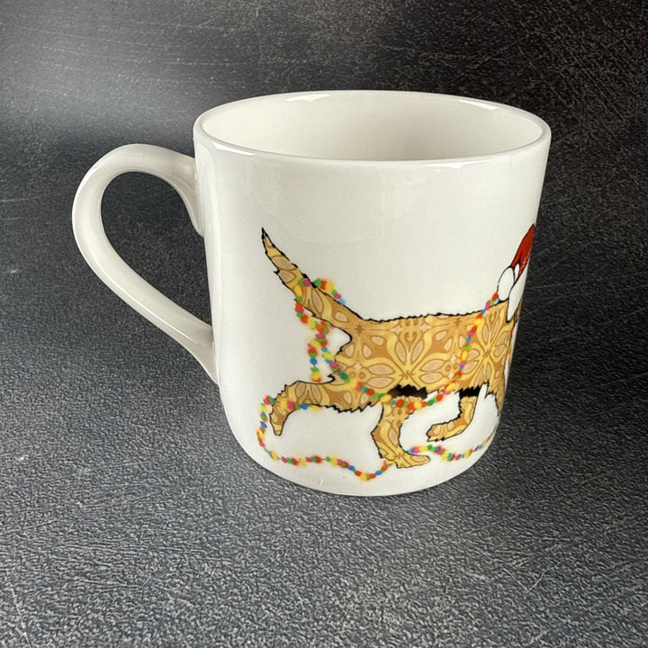 SALE - Christmas Labradoodle Bone china mug - golden/cream dog with hat &amp; fairy lights