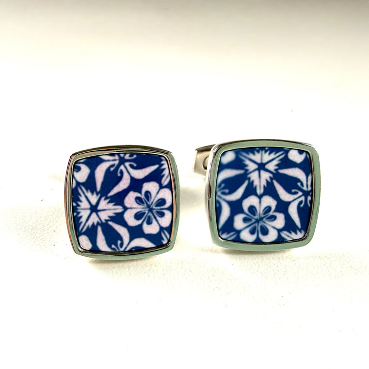 SALE SECONDS - Blue/Pink Nettle/Floral - Millefiori Inlay Cufflink Pair