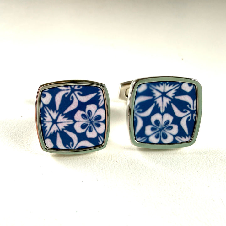 SALE SECONDS - Blue/Pink Nettle/Floral - Millefiori Inlay Cufflink Pair