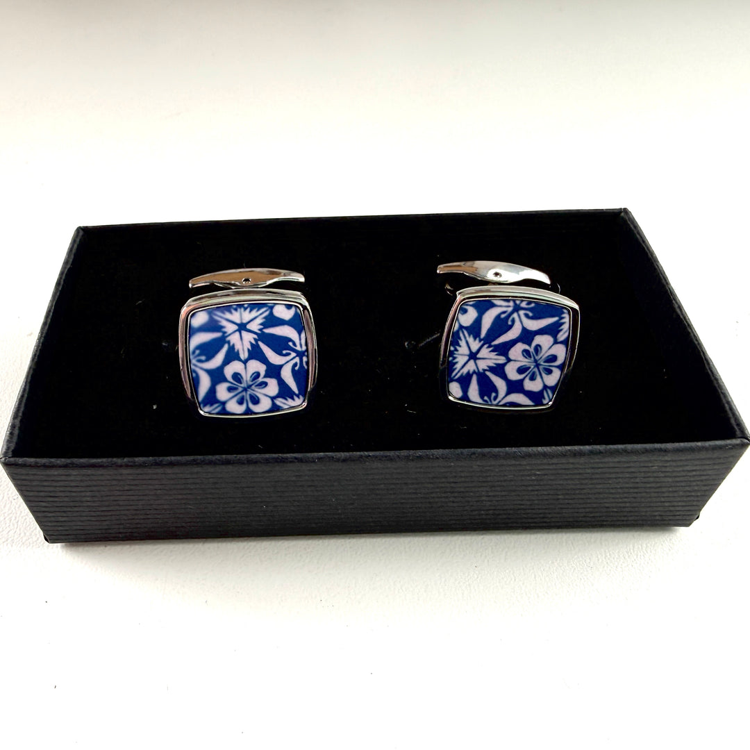 SALE SECONDS - Blue/Pink Nettle/Floral - Millefiori Inlay Cufflink Pair