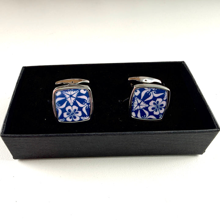 SALE SECONDS - Blue/Pink Nettle/Floral - Millefiori Inlay Cufflink Pair