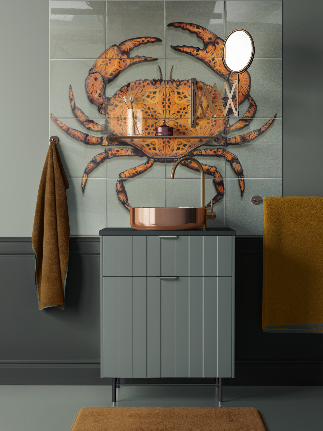 Crab Tile Mural - Green-Grey Background