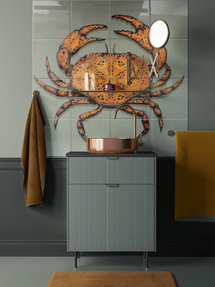 Crab Tile Mural - Green-Grey Background