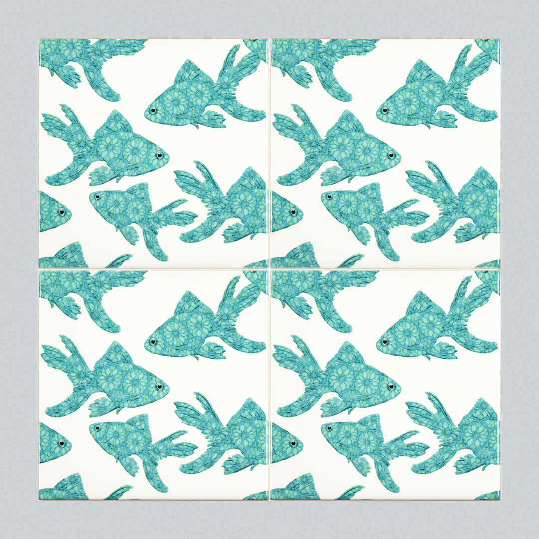 Goldfish Tile - Turquoise on White