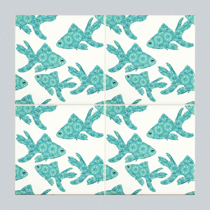 Goldfish Tile - Turquoise on White