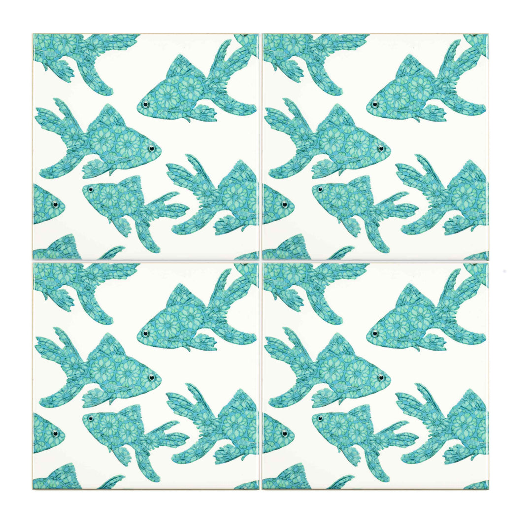Goldfish Tile - Turquoise on White