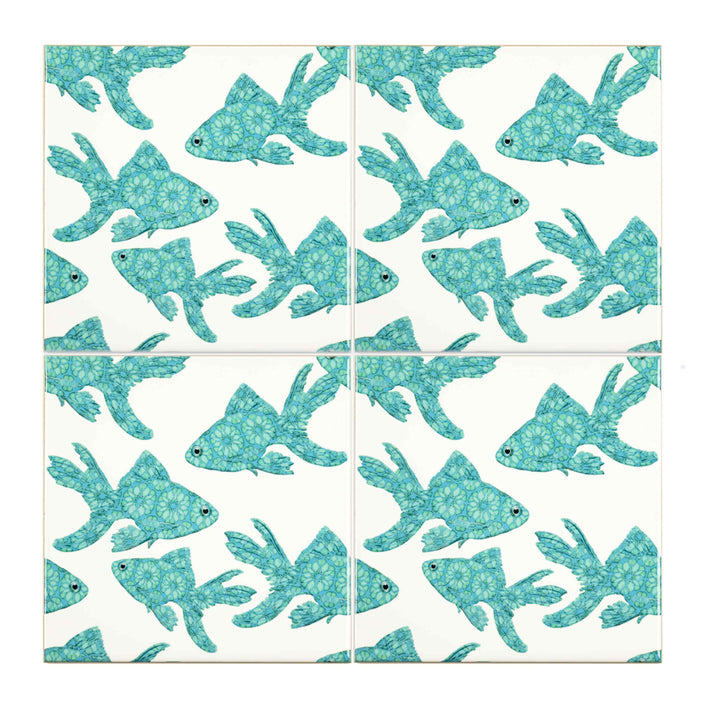 Goldfish Tile - Turquoise on White