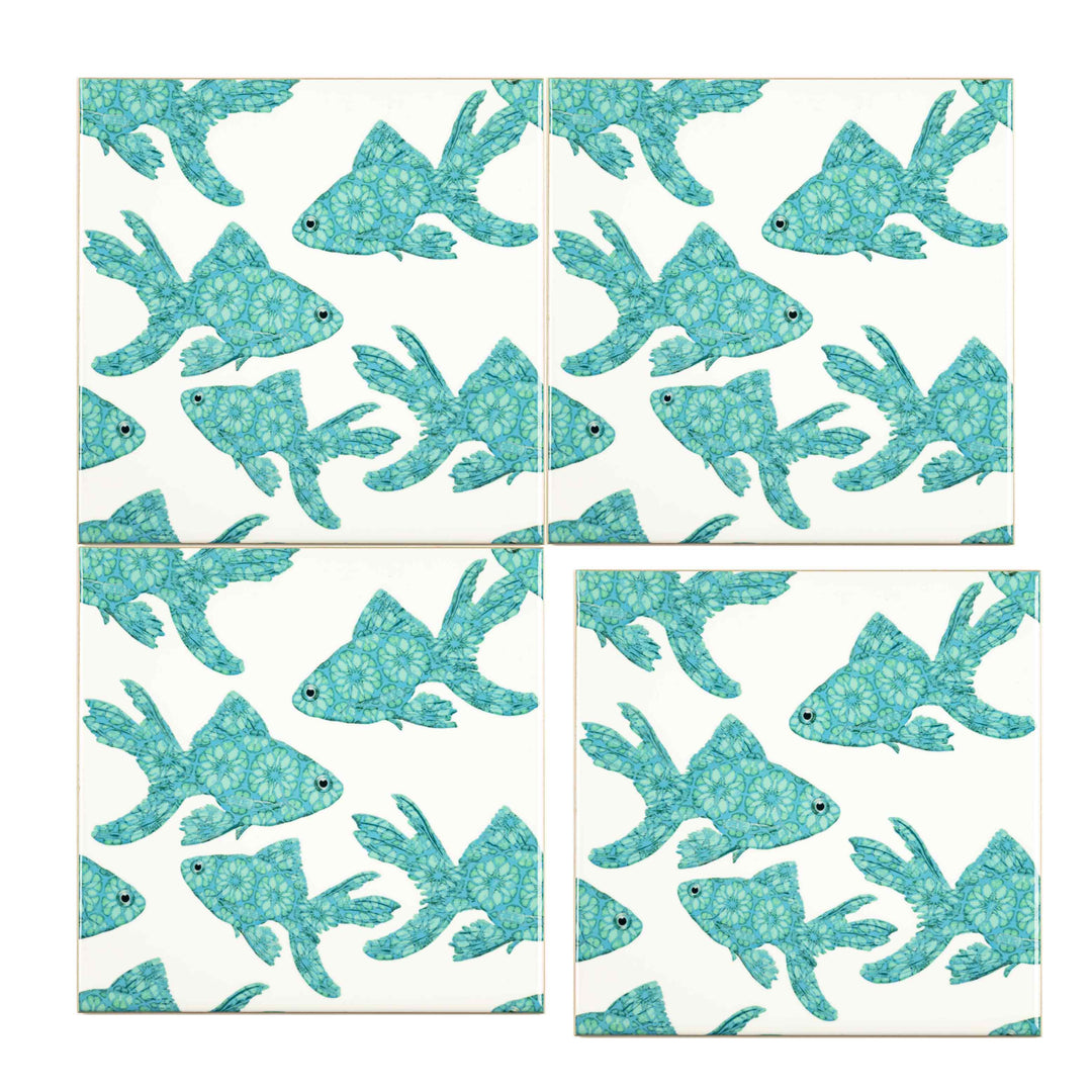 Goldfish Tile - Turquoise on White