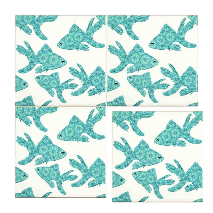 Goldfish Tile - Turquoise on White