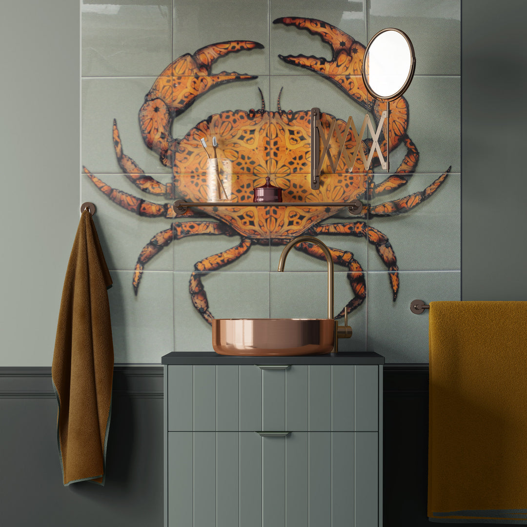 Crab Tile Mural - Green-Grey Background