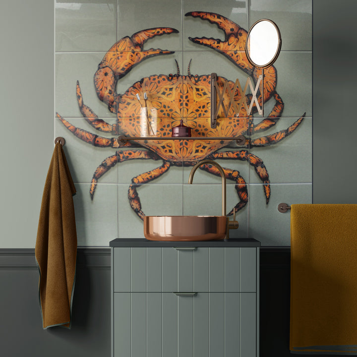 Crab Tile Mural - Green-Grey Background