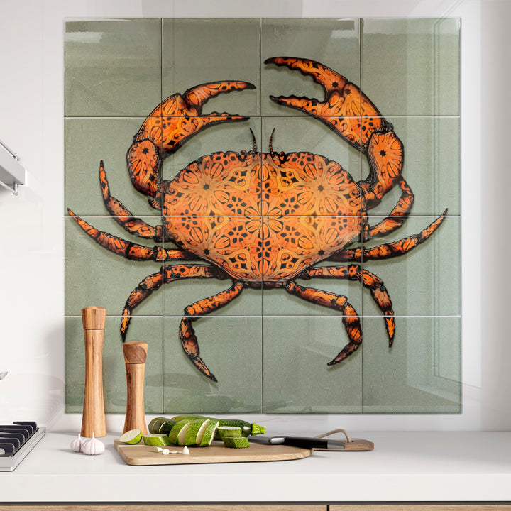 Crab Tile Mural - Green-Grey Background