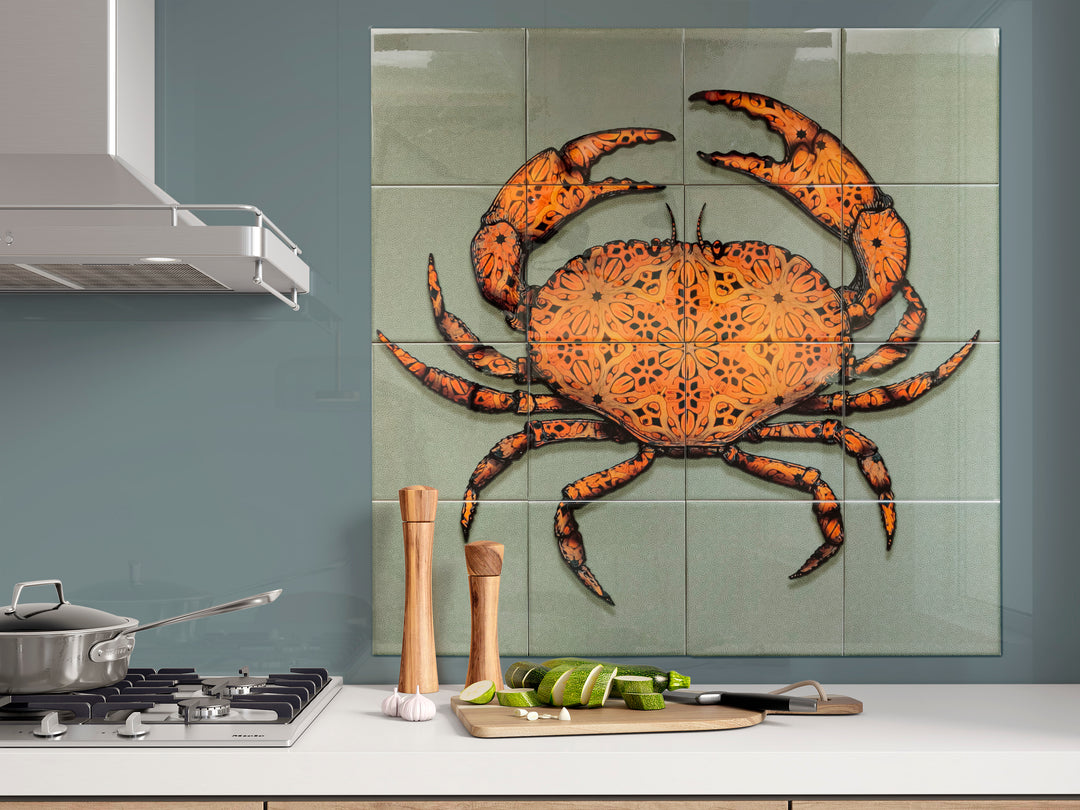 Crab Tile Mural - Green-Grey Background