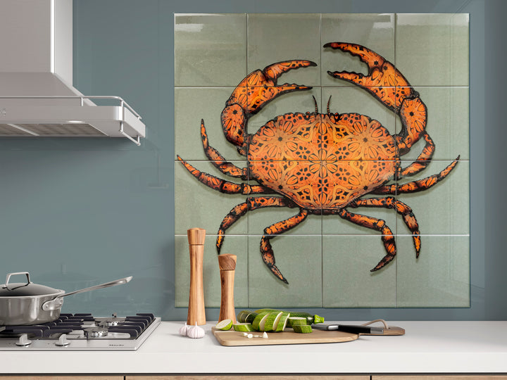 Crab Tile Mural - Green-Grey Background