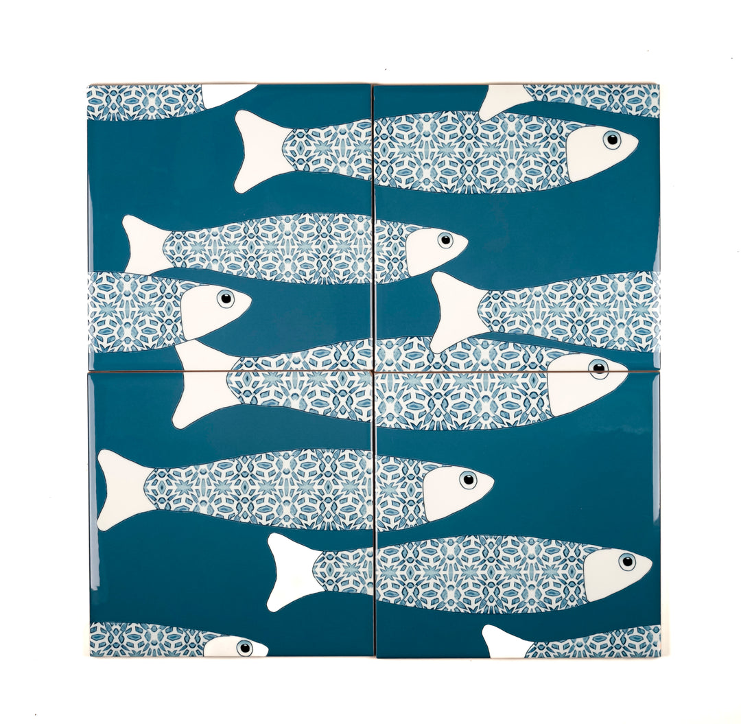 SALE SECOND SET - 4x 20cm Ocean Shoal tiles - Large Scale - Teal