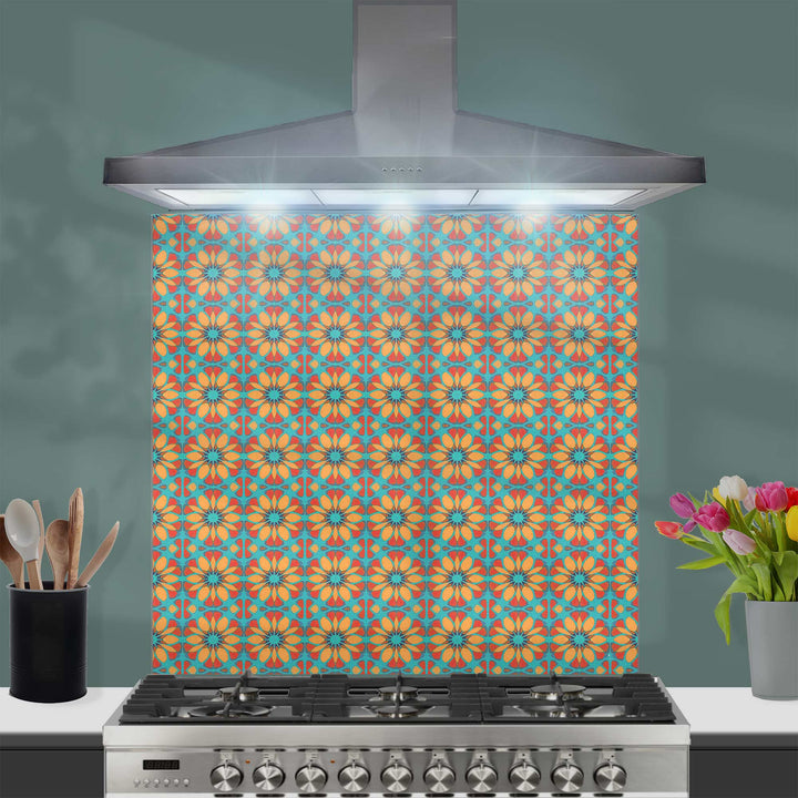 Moroccan Flower Kitchen Splashback - Orange &amp; Teal