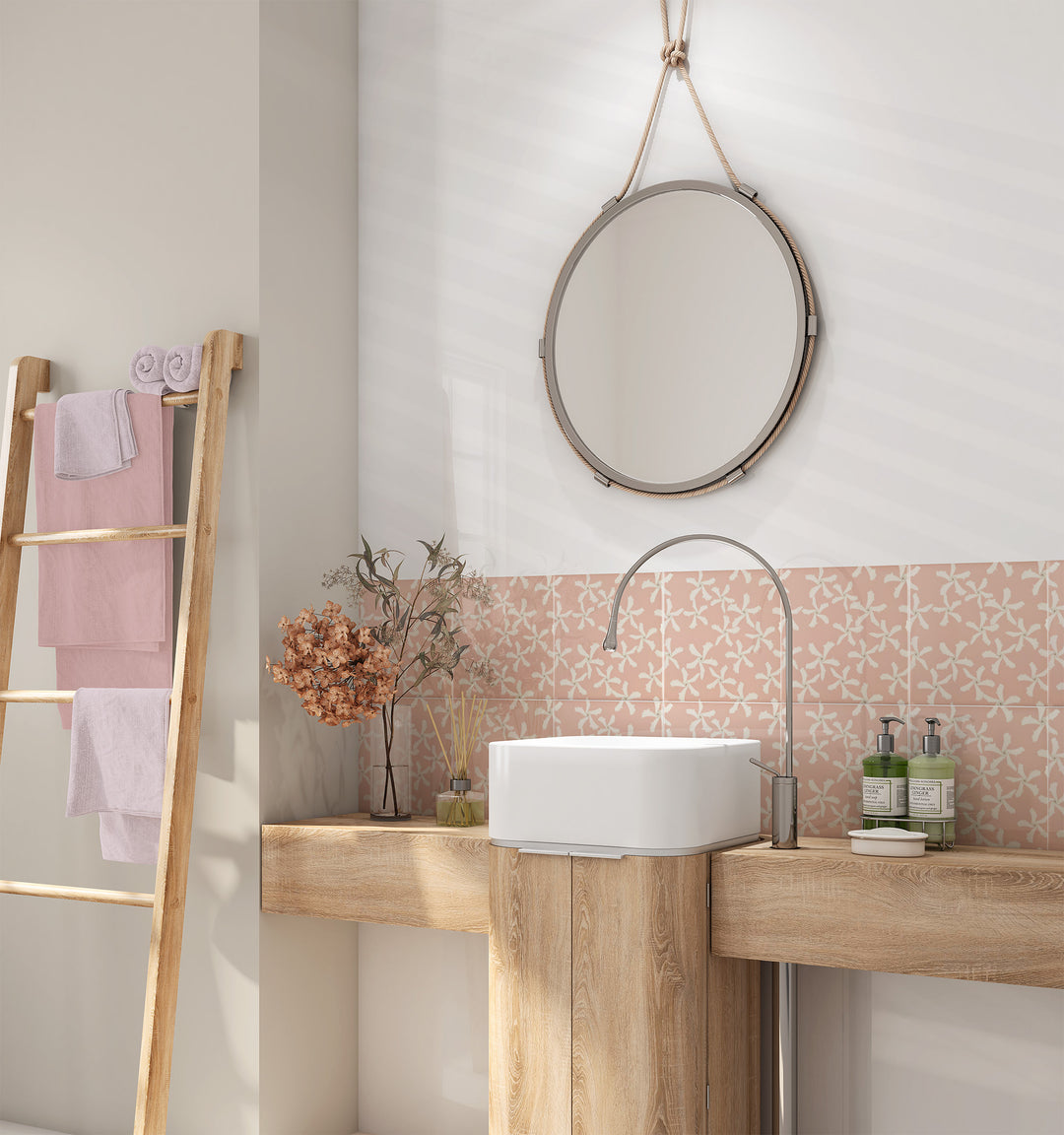 Jasmine Flower Tile - Pink &amp; White