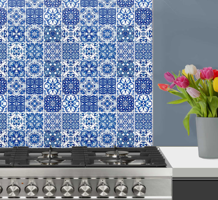 Mixed Delft Tiles Kitchen Splashback - Blue &amp; White