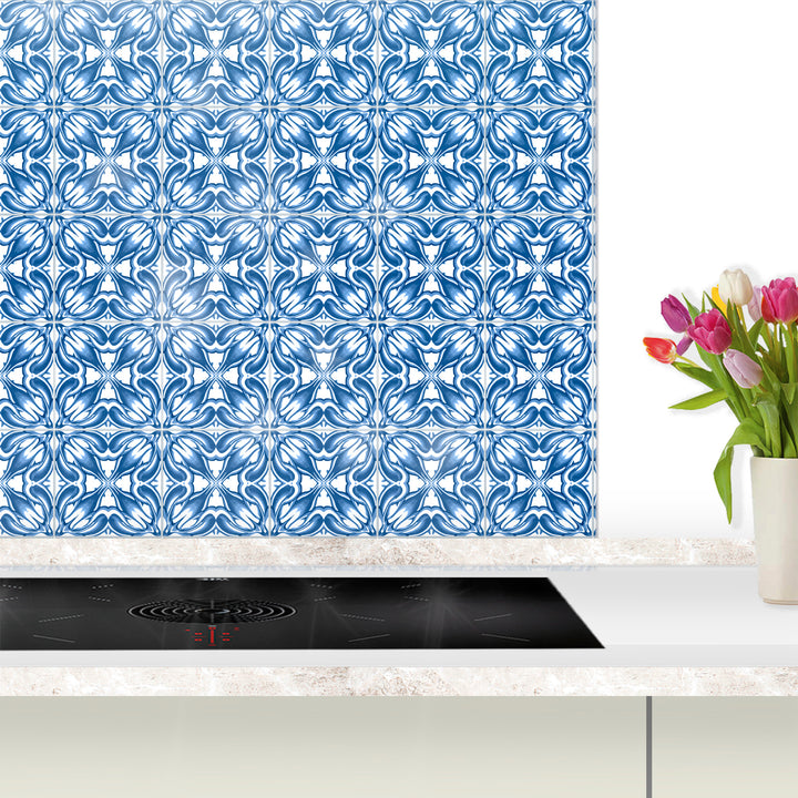 Blue Chrysanthemum Tile Kitchen Splashback - Navy &amp; White
