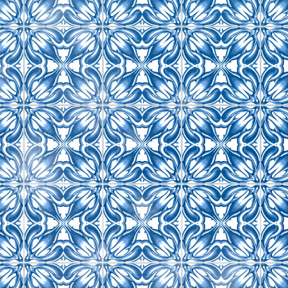 Blue Chrysanthemum Tile Kitchen Splashback - Navy &amp; White