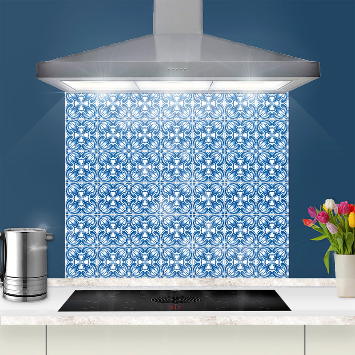 Blue Chrysanthemum Tile Kitchen Splashback - Navy &amp; White