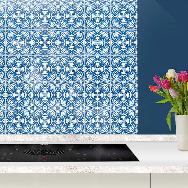 Blue Chrysanthemum Tile Kitchen Splashback - Navy &amp; White