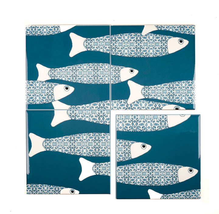 SALE SECOND SET - 4x 20cm Ocean Shoal tiles - Large Scale - Teal