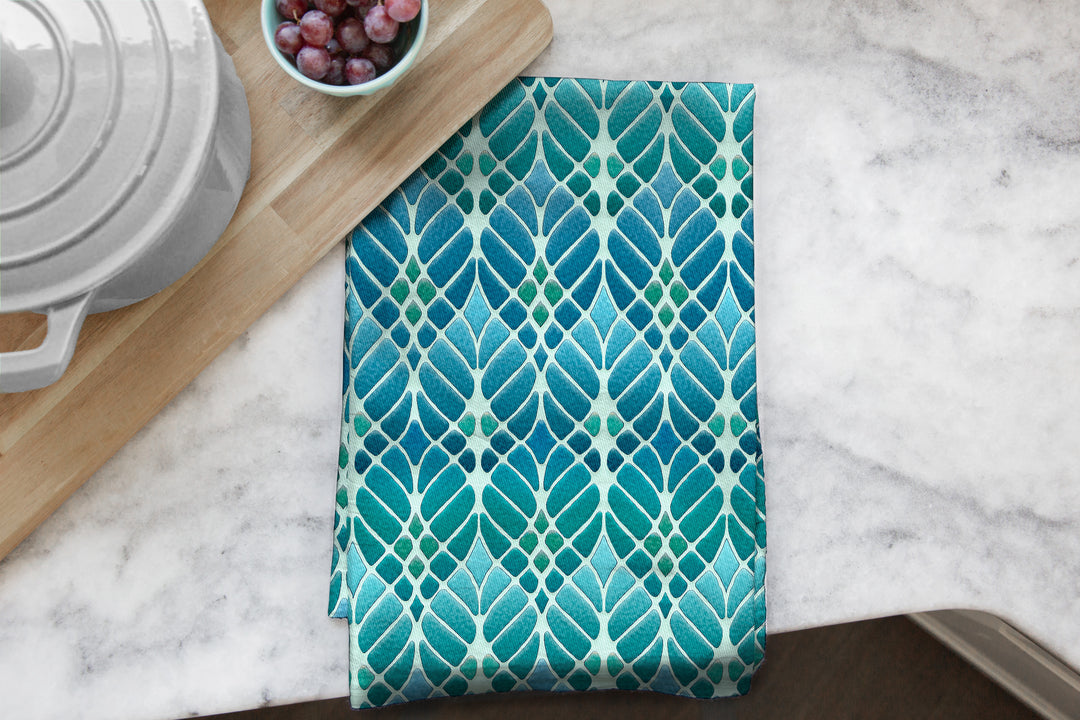 Interwoven Trees Tea Towel - Blues &amp; Turquoises