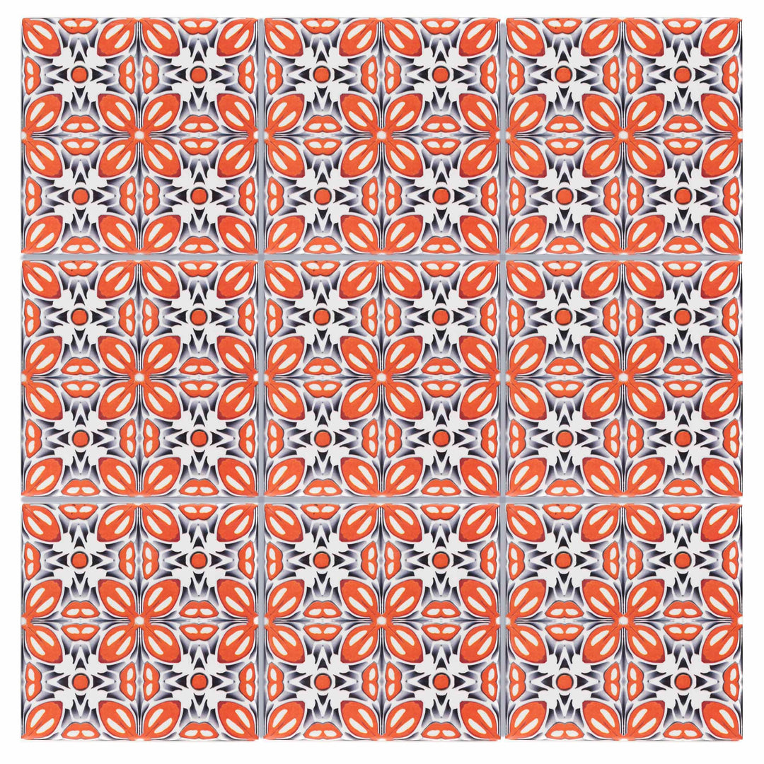 SALE SET of NINE  20x20cm Orange Fox Flower tiles -  FIRED INK Version