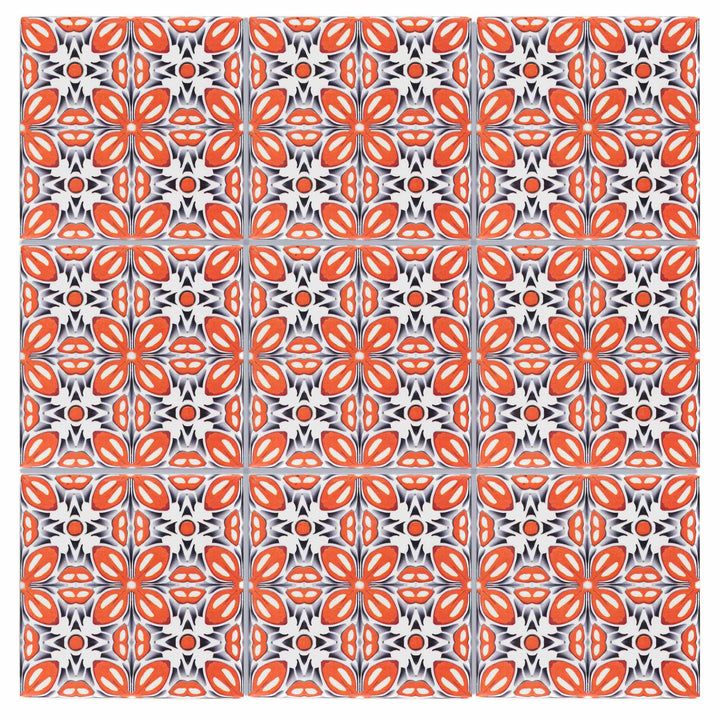 SALE SET of NINE  20x20cm Orange Fox Flower tiles -  FIRED INK Version