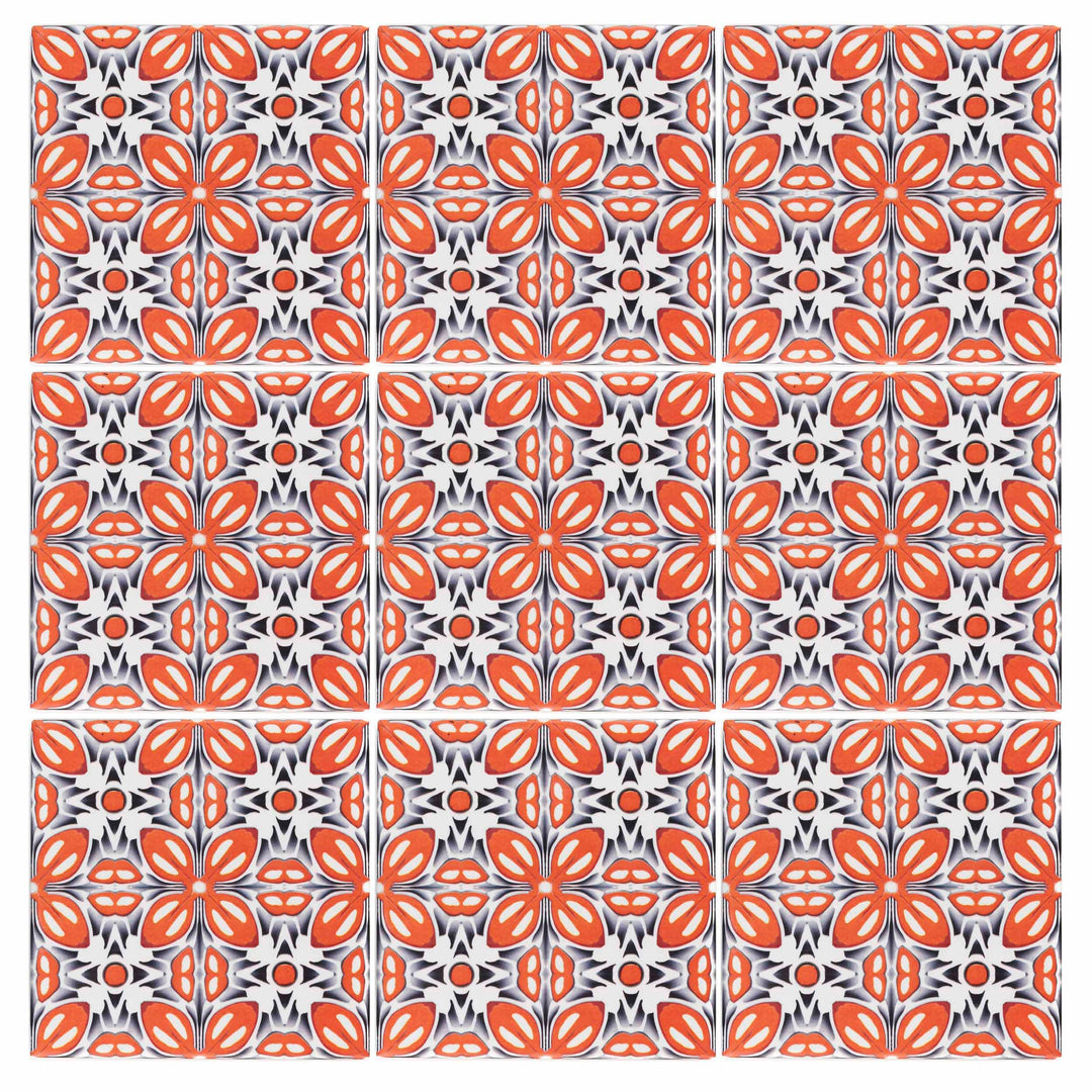 SALE SET of NINE  20x20cm Orange Fox Flower tiles -  FIRED INK Version