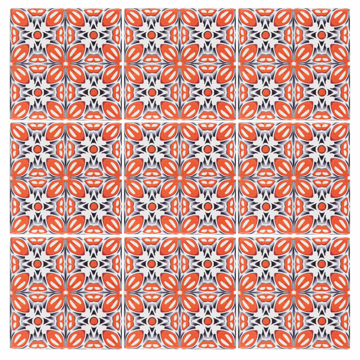 SALE SET of NINE  20x20cm Orange Fox Flower tiles -  FIRED INK Version