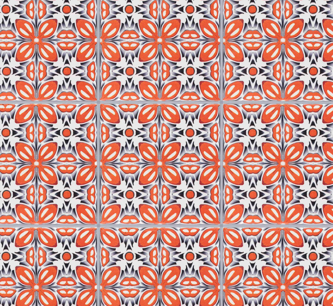 SALE SET of NINE  20x20cm Orange Fox Flower tiles -  FIRED INK Version