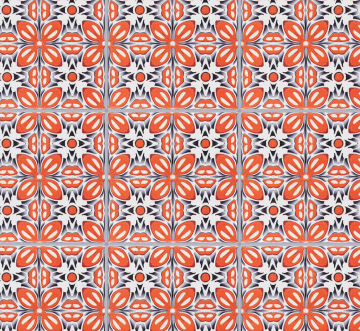 SALE SET of NINE  20x20cm Orange Fox Flower tiles -  FIRED INK Version