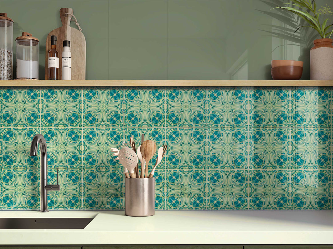 SALE - Set of 4 x 10.8cm Blue Green Vintage Botanical Tiles - Perfect